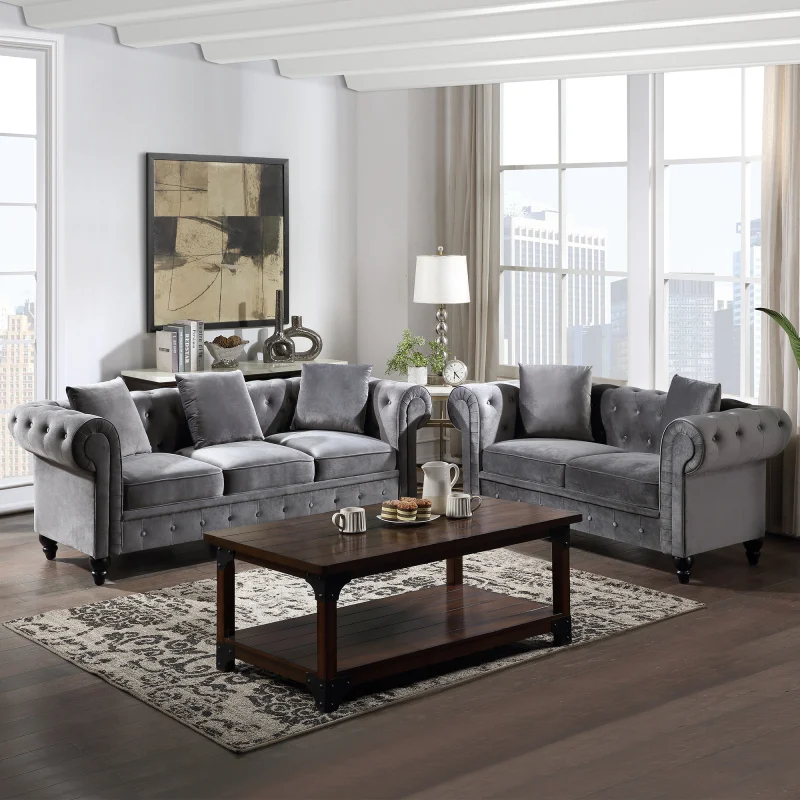 

New Chesterfield Sofa Set Button Tufted Velvet Upholstered Low Back Loveseat & 3 Seat Sofa Roll Arm Classic,5 Pillows