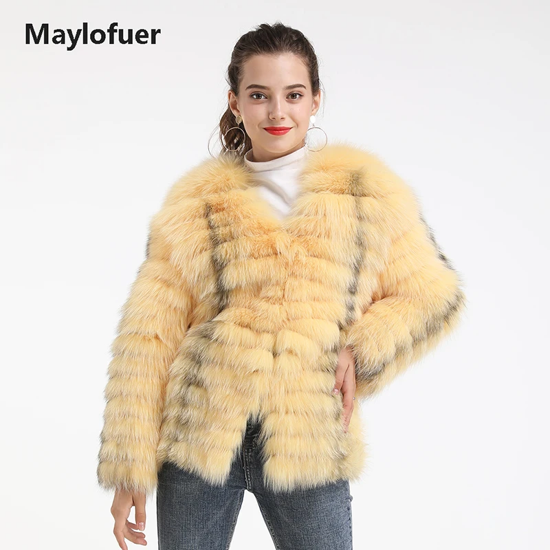 Maylofuer/желтое 100% пальто из натурального меха лисы Женская куртка с длинным рукавом