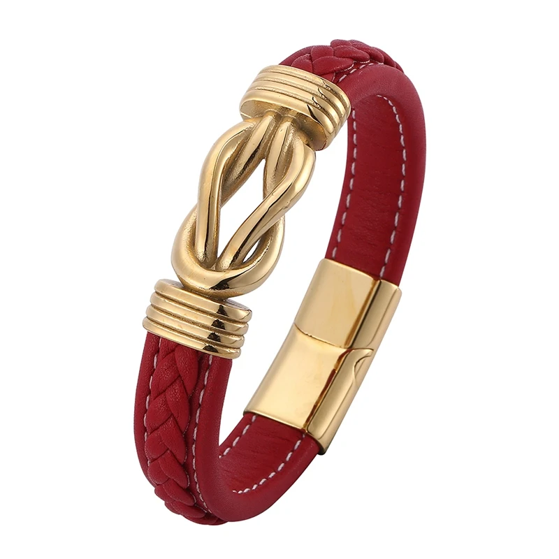 

Fashion Men Jewelry Red Leather Hand Bracelets Irregular Winding Graphic Gold Stainless Steel Magnet Clasp Wristband Male PD0769