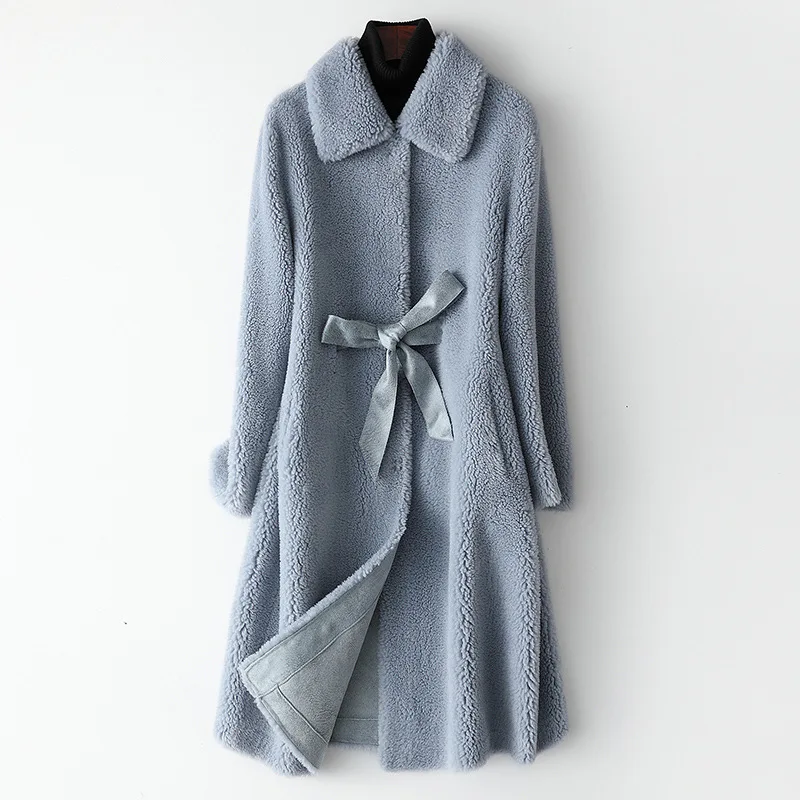 High Quality Winter Genuine Leather Plus Size Long Sleeve Outerwear for Women Casual Long Wool Overcoat White Sky Blue Fur Coat