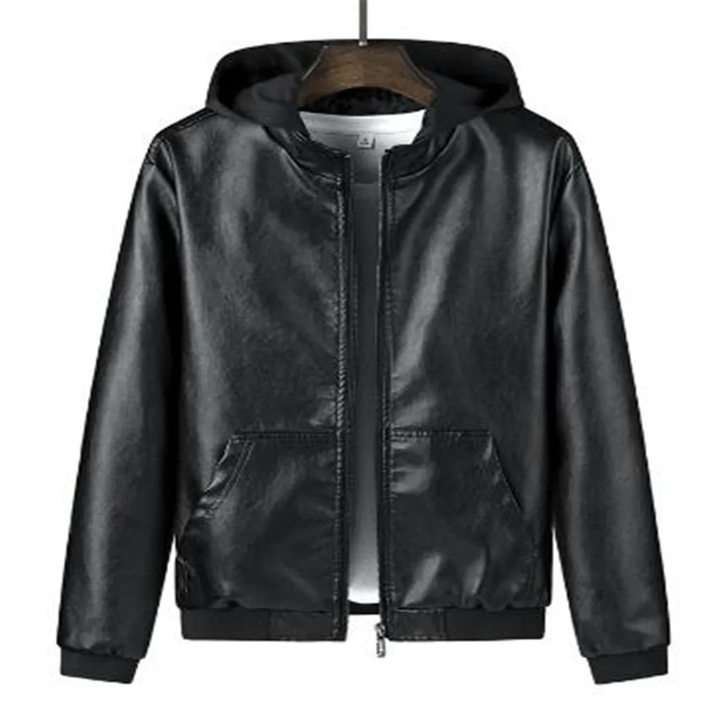 

Куртка мужская кожаная с капюшоном, модная повседневная свободная мотокуртка на молнии, верхняя одежда с длинными рукавами, с прострочкой, ...
