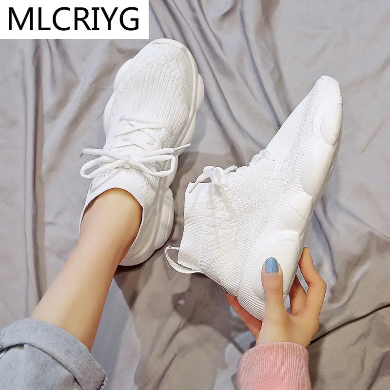 

Spring 2021 new women's socks shoes mesh breathable comfortable lace-up sneakers platform casual vulcanized shoes for woman