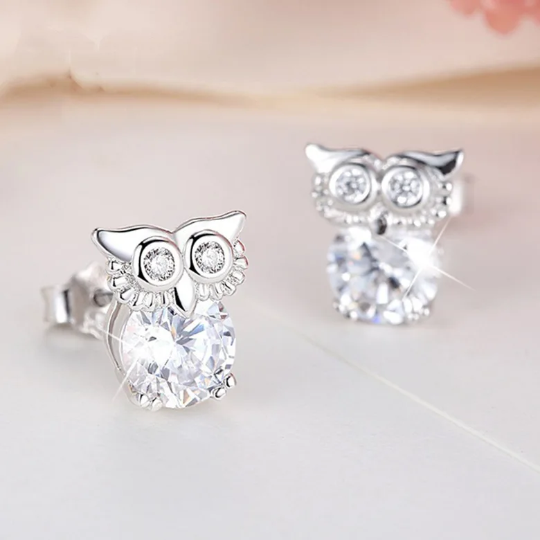 

Simple Female Crystal Owl Stud Earrings Classic Silver Color Small Earrings For Women Trendy Bride White Zircon Wedding Earrings