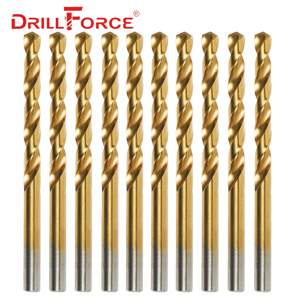 Набор титановых сверл Drillforce Tools M2, набор сверл из быстрорежущей стали DIN338 1,0-13 мм для сверления металла, алюминия, меди, цинкового сплава