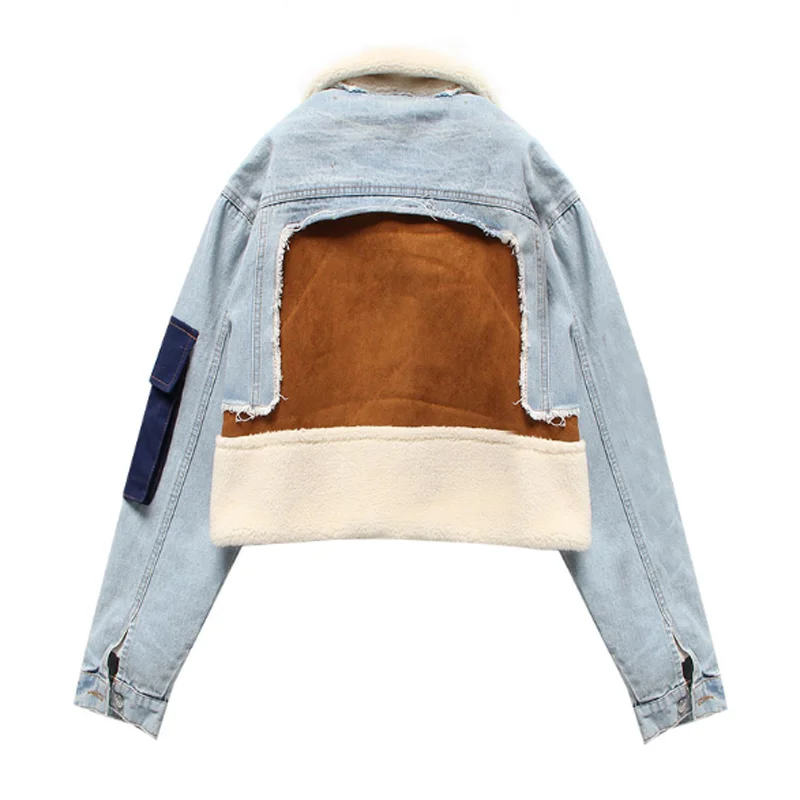 PERHAPS U Women Faux Fur Denim Patchwork Coat Outwear Warm Thick Turn Down Collar Pocket Chic C0410