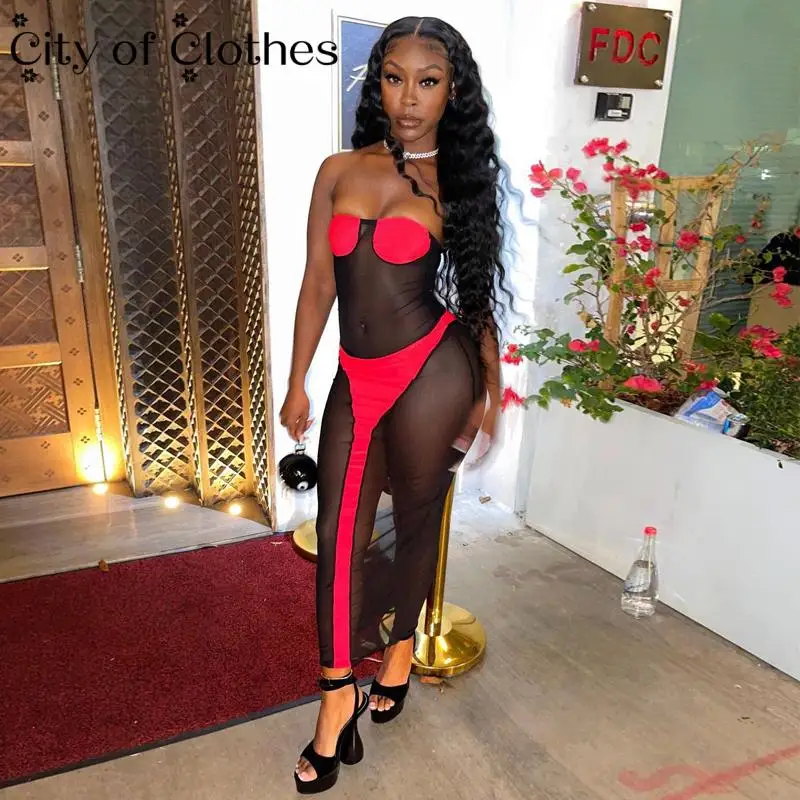 

Mesh Patchwork Women Halter Midi Dress Gloves Backless Bodycon Sexy See Through Sheer Streetwear Party Club 2021 Summer