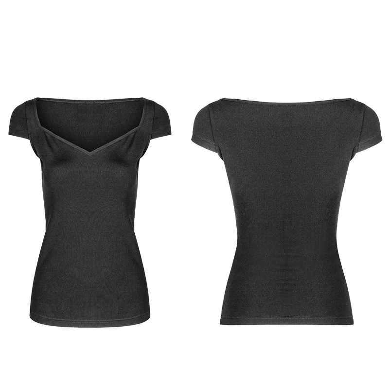 Женская футболка с коротким рукавом черная трикотажная v-образным вырезом в