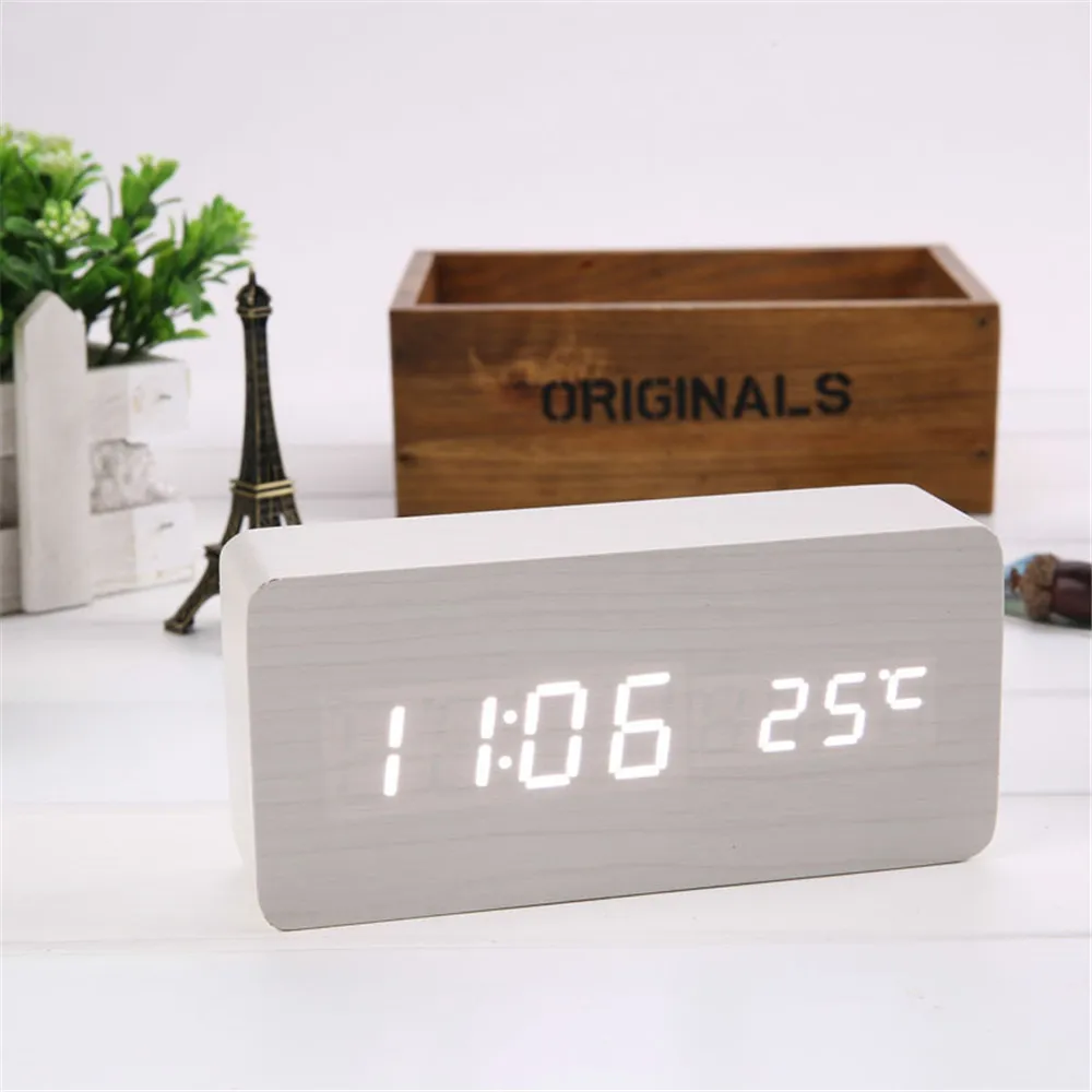 

USB/AAA Powered Led Electronic Alarm Clock Voice Control Digital Night Light Temperature Display Wood Alarm Clock Home Decor