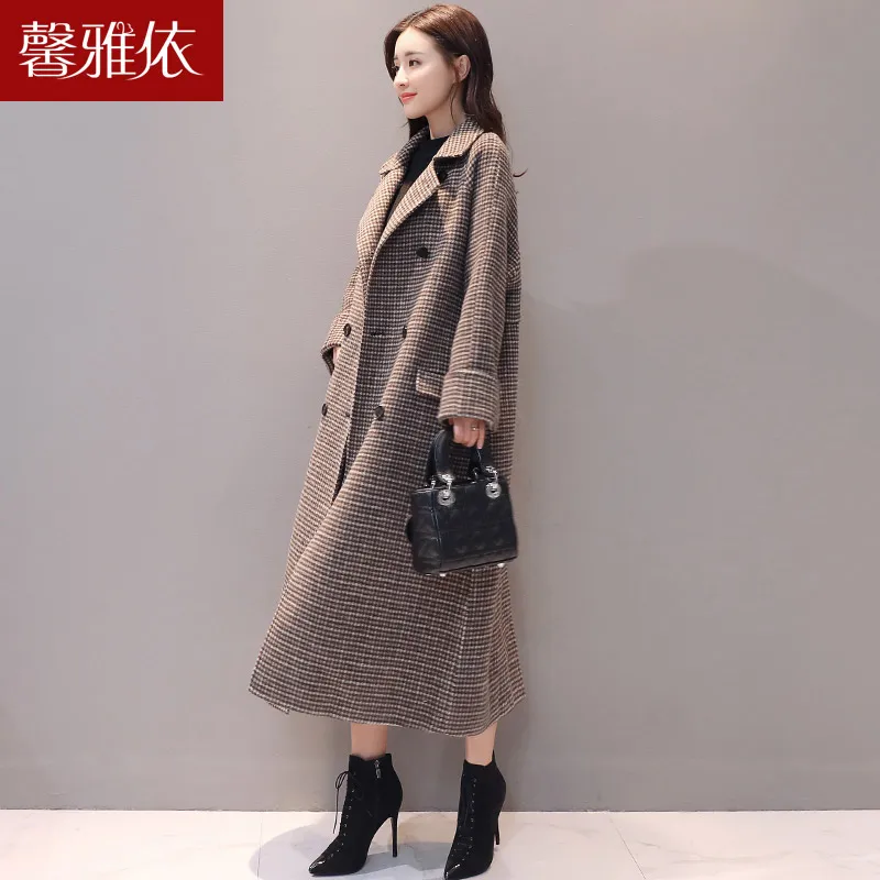 

2021 winter new medium long female Korean version, thousand bird lattice loose over knee joint's woolen coat
