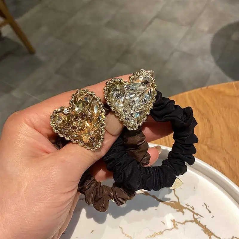 

2 Pcs Women Elastic Hair Bands Elegant Ponytail Holder Shiny Diamond Heart Scrunchie Hair Ropes Lady Hair Accessories Cheveux