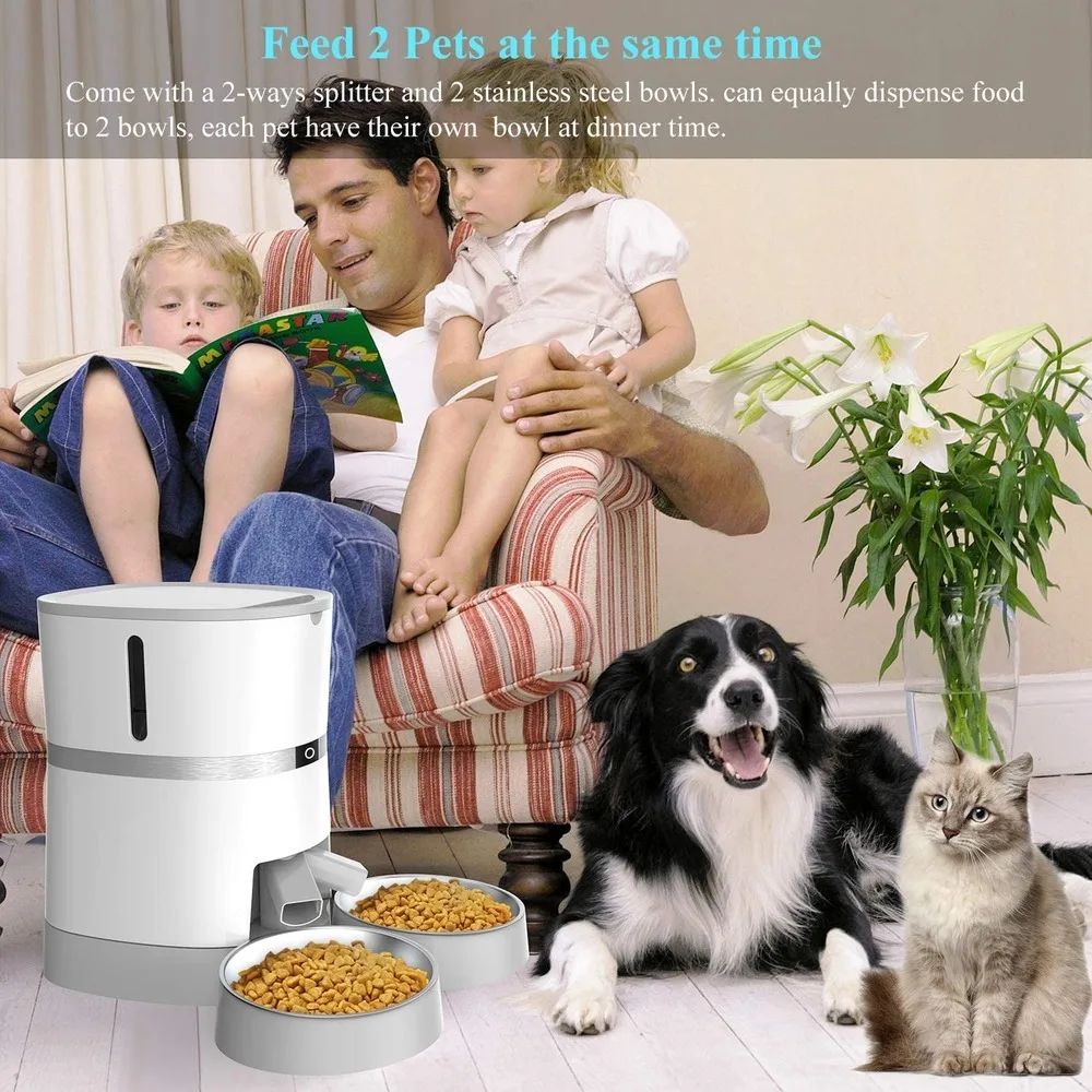 

Automatic Cat Pet Feeder Food Dispenser for Cat & Small Dog with Two-Way Splitter and Double Bowls 6 Meals with Portion Control