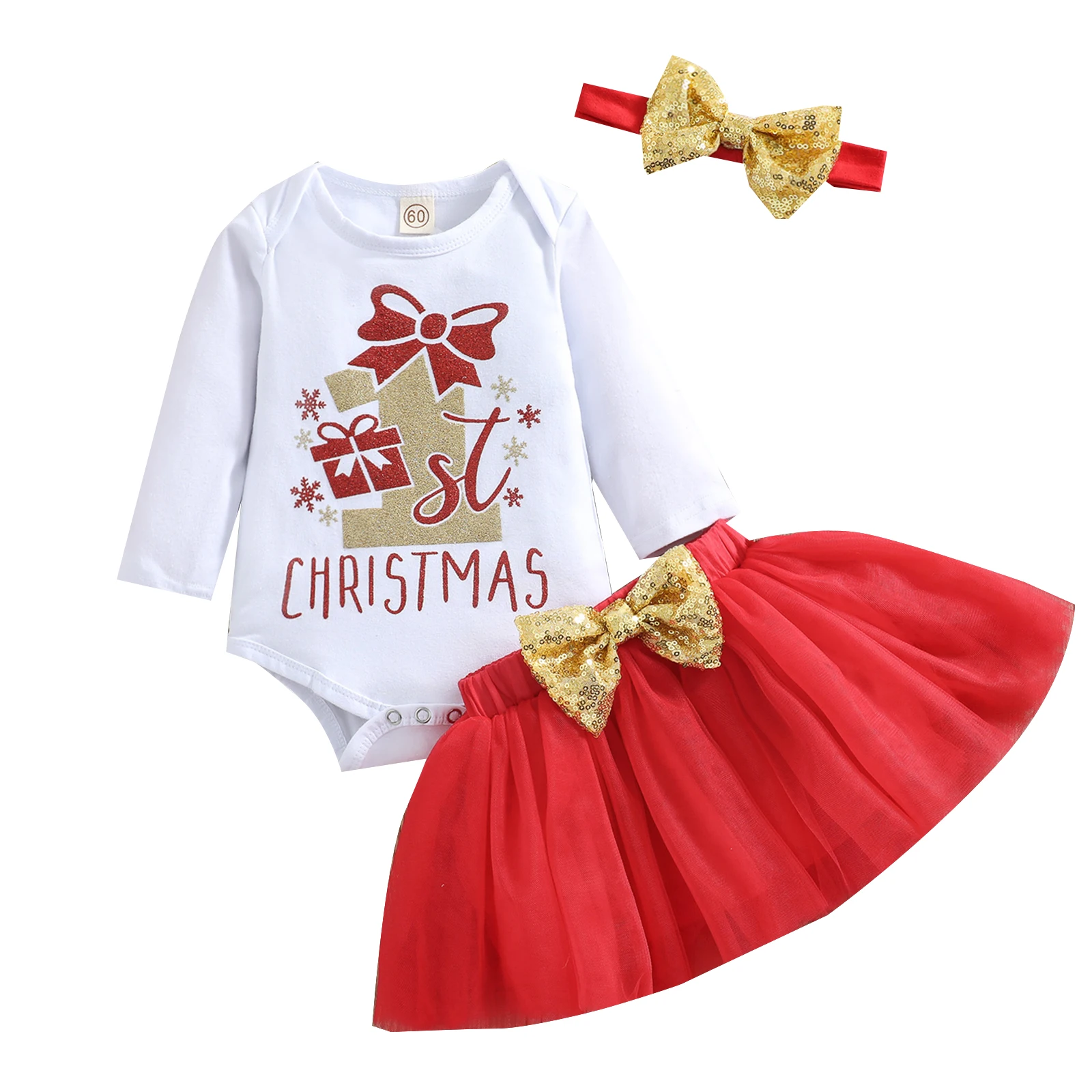 

Baby Girl\u2019s Three Piece Suit Fashion Letter Long Sleeve Romper and Gauze Short Skirt & Headband For Newborn Babies