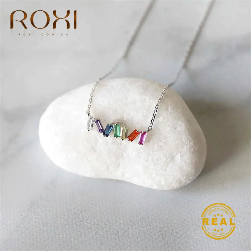 ROXI Радуга ожерелье с фианитами Для женщин геометрический Циркон с радужным блеском ожерелье с удлиненной цепью& Подвески ювелирные изделия колье в стиле бохо - Окраска металла: Silver chain