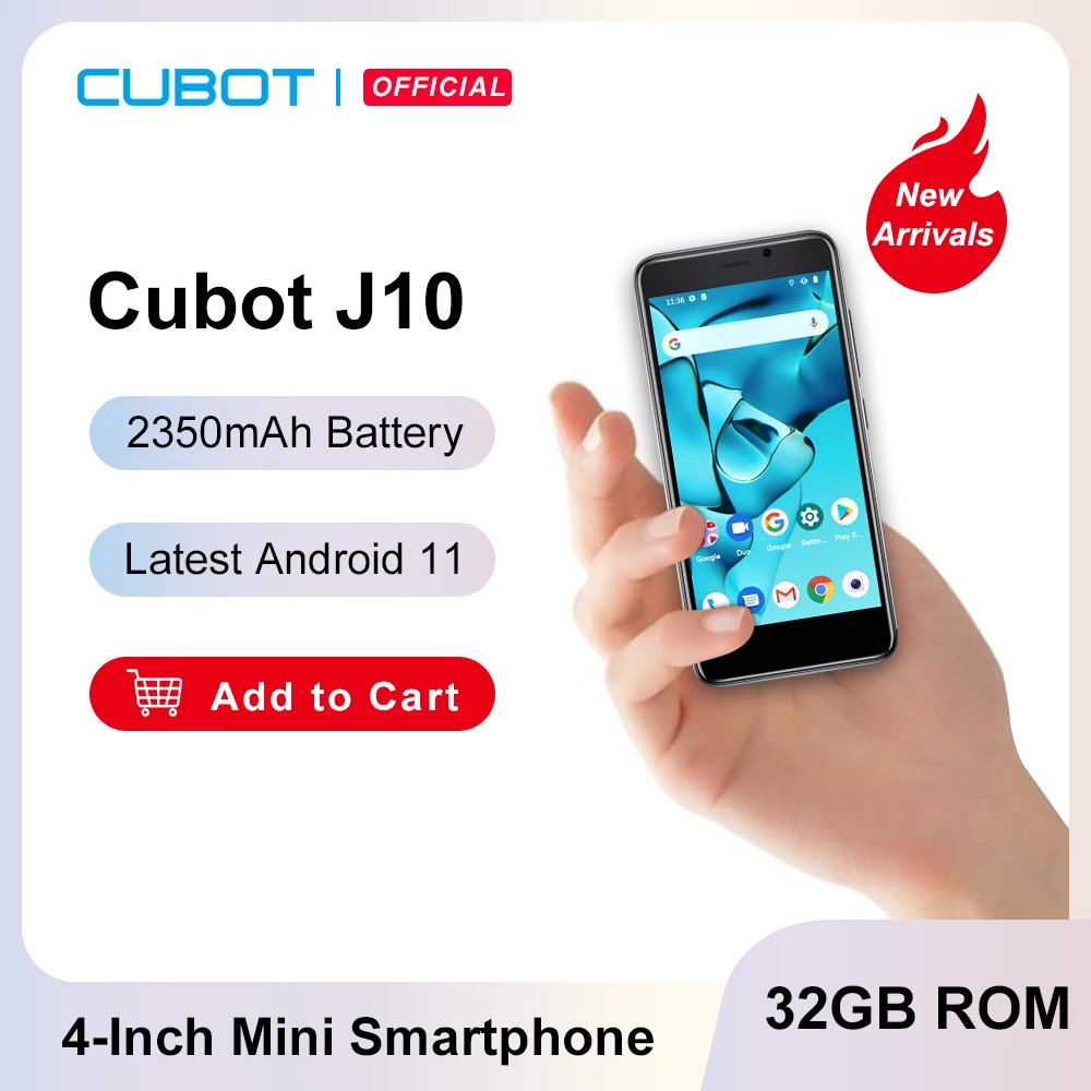 Cubot J10, смартфон на андроид 11, 4-дюймовый экран, мини телефон дешёвый, оперативная память 32 ГБ,телефоны две SIM-карты 3G, Face ID, батарея 2350 мАч, задняя камера 5 МП, смартфоны 2021 года,smartphone