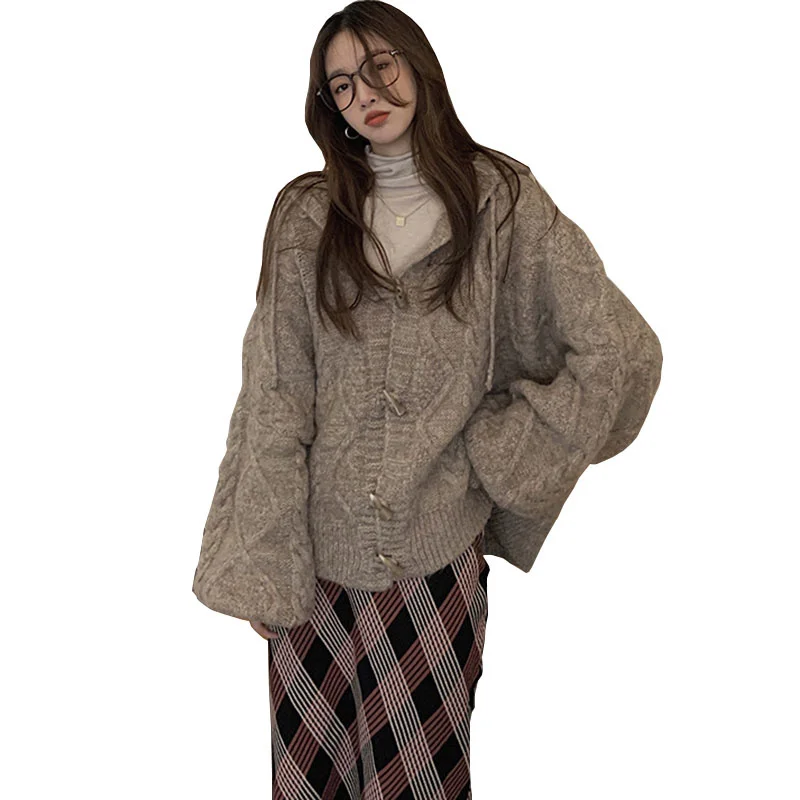 

SHZQ Student Women Winter Knitted Sweater Coat Female Fashion Hooded Thick Warm Tops Korean Style Casual Loose Cardigan Jacket G