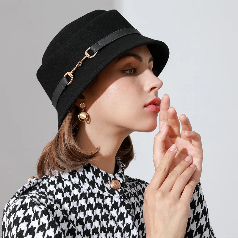 

Women Wool Felt Bucket Hats Outdoor Sunbonnet Fedoras Custom Bucket Hat PU Leather Belts Autumn Winter Sunscreen Warm Panama Cap