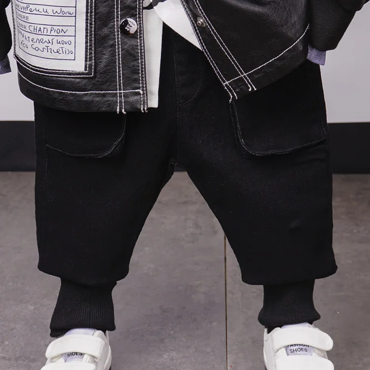 

3PCS WLG Boys Outfits Kids Spring PU Jacket Cartoon Shirt and Pant Set Kids Clothing Set Baby Boy Fashion Clothes