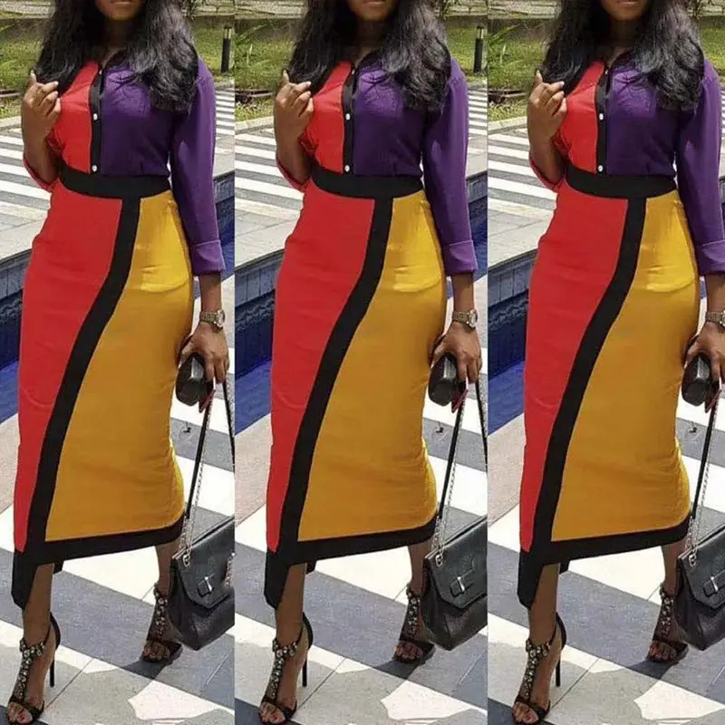 2019 Мода в цветных блоках полосатый Облегающая рубашка платье женское винтажное