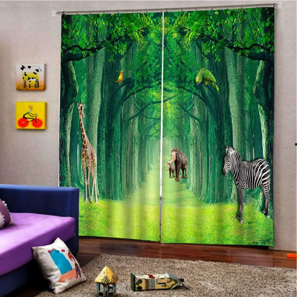 3d Animal Elephant Zebra Deer In The Dreamy Forest Road Curtain For Living room Bedroom Interior Decoration Shading Drapes Sets | Дом и сад