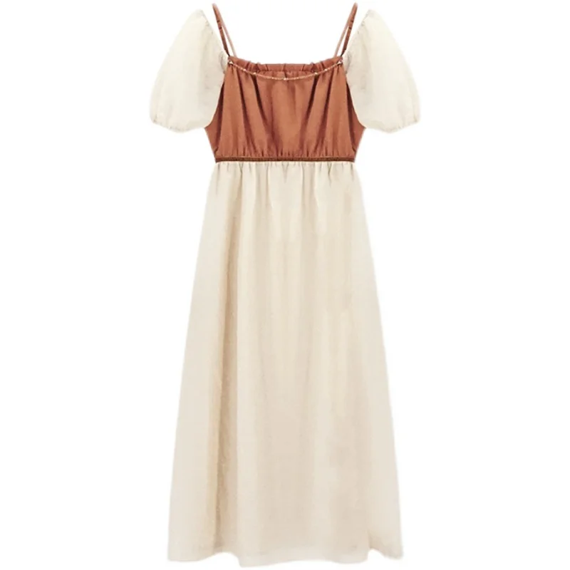 

French Vintage Puff sleeve Square Collar Dress for Women 2021 Summer Elastic Waist Patchwork A-line Midi Dresses