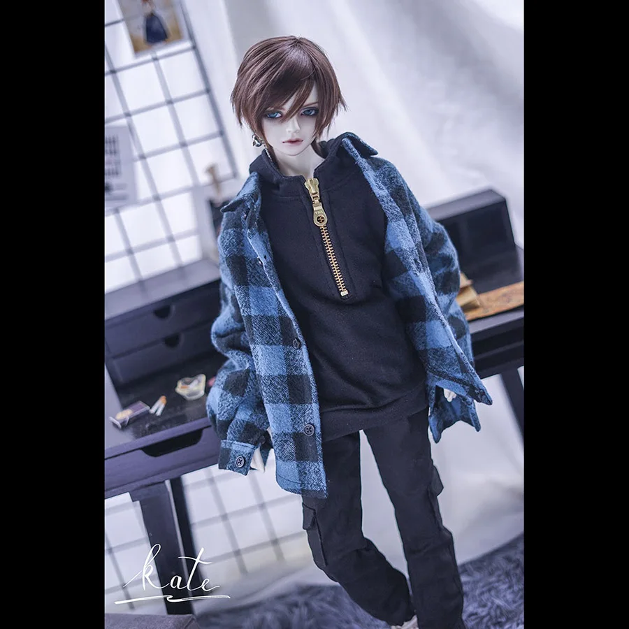 

Cateleya December New Doll Use Custom Size Limited Stock BJD Doll Clothes Set Plaid Jacket Black Hooded Sweater Pocket Overalls