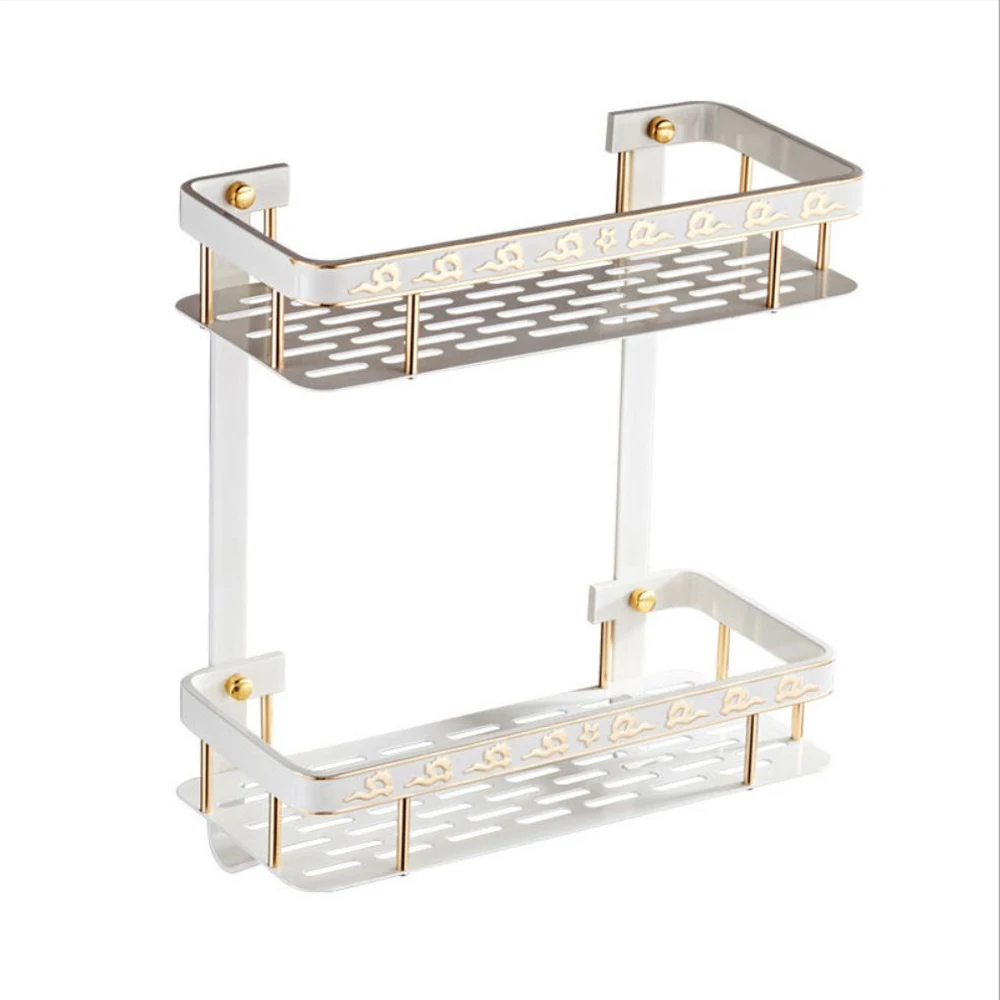 

Shower Shelf Square Basket Double Tier White Aluminum Toilet Storage Shampoo Holder Kichen Organizer Rack Bathroom Accessories