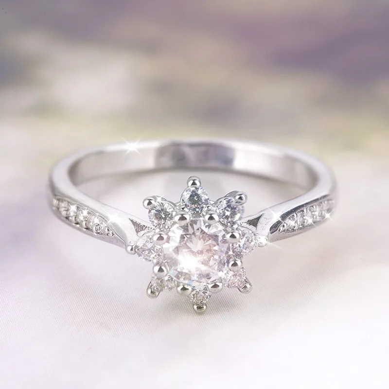 

Hot Sell Silver White Goldwedding Ring Sunflower Snow-flake Inlaid Stone Anel De Ouro Fine Fashion Christmas Jewelry Size 6-10