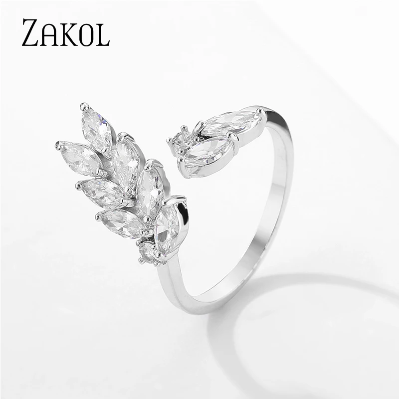 

ZAKOL Luxury Clear Cubic Zirconia Crystal Leaf Opening Finger Rings for Women Two Colors Statement Ring Party Jewelry Gifts