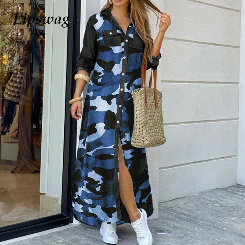 Женское платье-рубашка с разрезом принтом на пуговицах отложным воротником