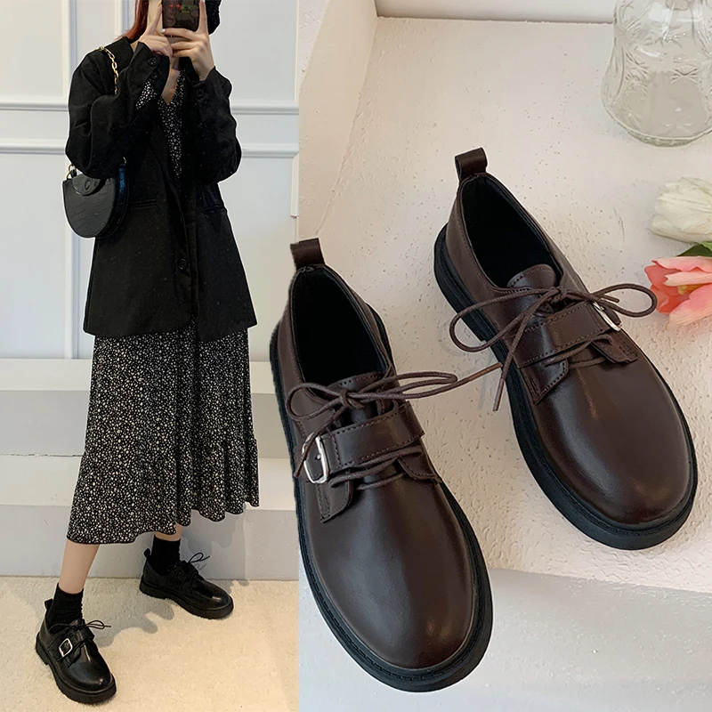 

Популярные туфли 2021, черные маленькие кожаные туфли на шнуровке в японском студенческом стиле, туфли на плоской подошве с пряжкой в британс...