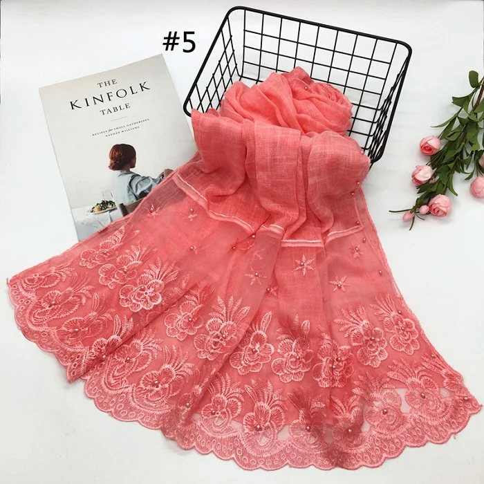 S06 coral Хлопковые двухсторонние кружевные кромки цветок ретро модные шарфы шаль мусульманский хиджаб Бисер для женщин Простой макси глушитель - Цвет: S06 coral