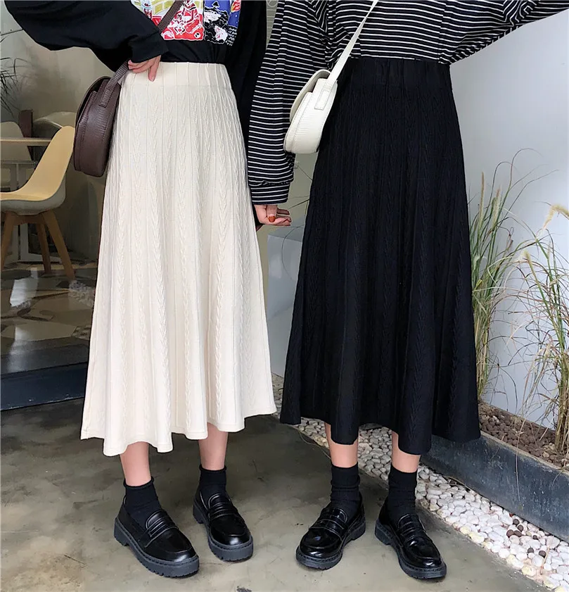 Осень Вязание твист Женская колледж Harajuku Ins Высокая талия Повседневная зимняя длинная Ulzzang сладкий чистый цвет шикарная юбка большого размера