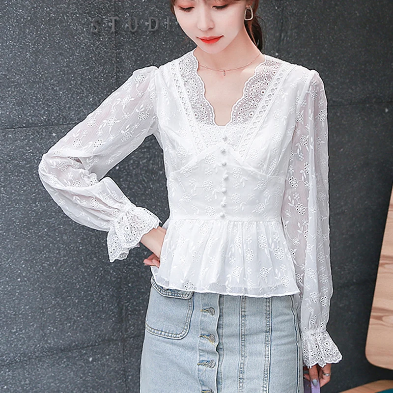

Женская шифоновая рубашка, белая кружевная рубашка с длинным рукавом и цветочной вышивкой, с V-образным вырезом, весна-осень 2020 г., 833H