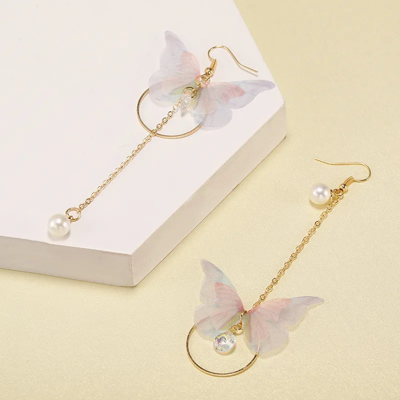 

Korean Pop Asymmetric Lace Fabric Butterfly Long Tassel Pearl Pendant Earrings For Women Wedding Bridal Kolczyki Jewelry
