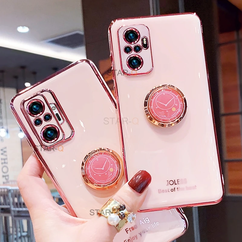 luxury ring holder plating phone case on for xiaomi redmi note 10 5g note10 pro max 10s 10pro stand soft silicone back cover free global shipping