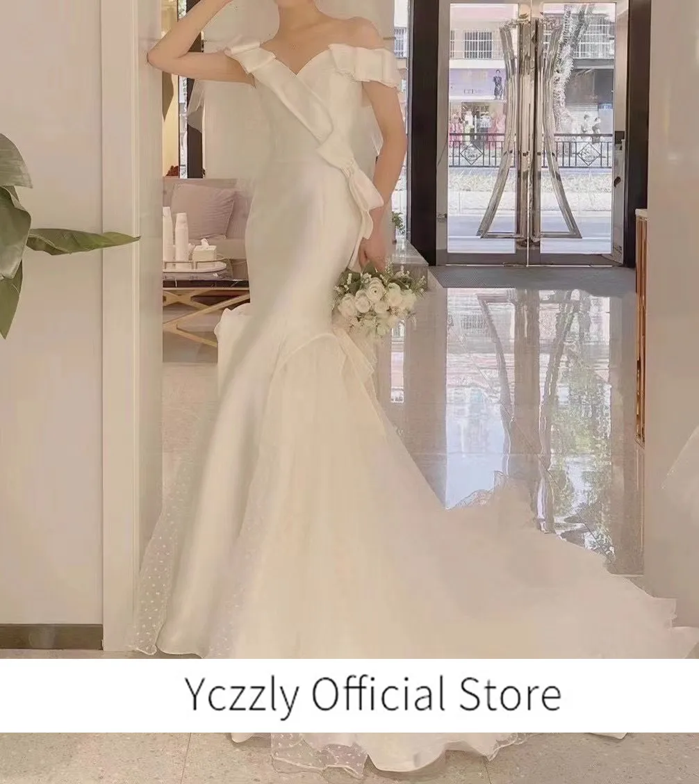 

Real Video Sexy Off-shoulder Satin Mermaid Wedding Dresses With Bow Long Tulle Plus Size Bridal Gown Lace Up Gelinlik W403
