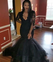 elegant beaded applique black evening dresses lace long sleeve prom dress sweep train plus size customize mermaid party gowns