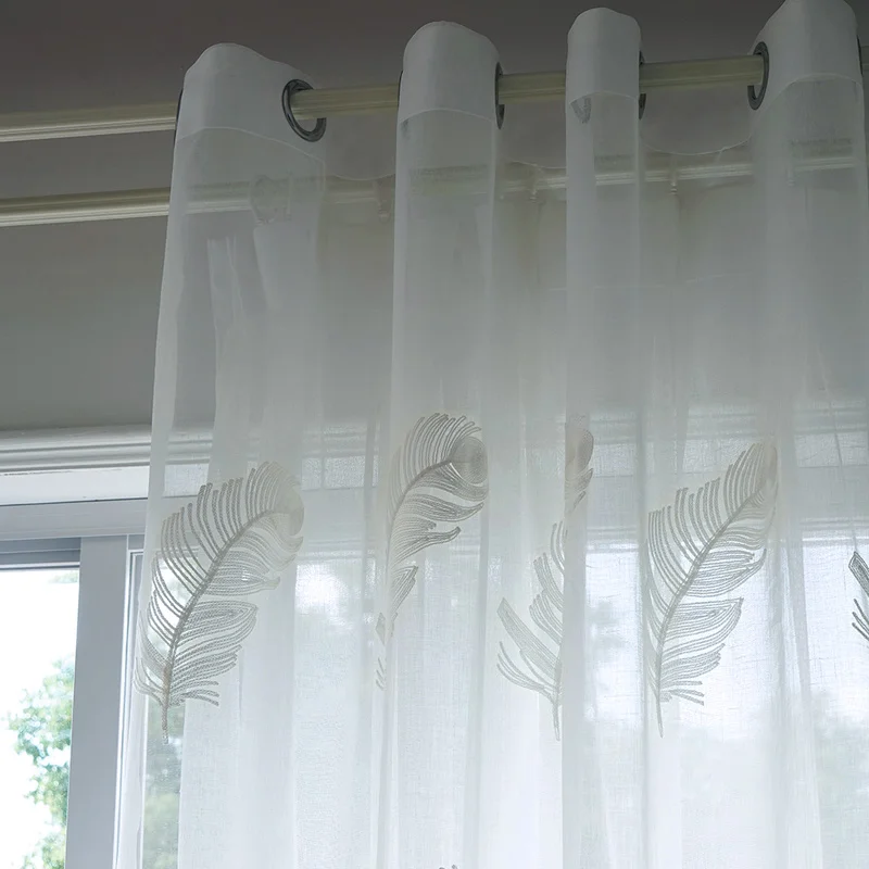 Белые вышитые прозрачные Занавески для гостиной окна элегантные с перьями