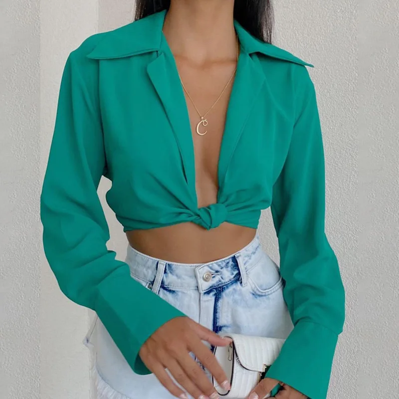 

2021 Women's Spring Autumn Sexy Blouse V-neck Tie Knot Long-sleeve Short Shirt Retro All-match Commuter Office Solid Purple Top