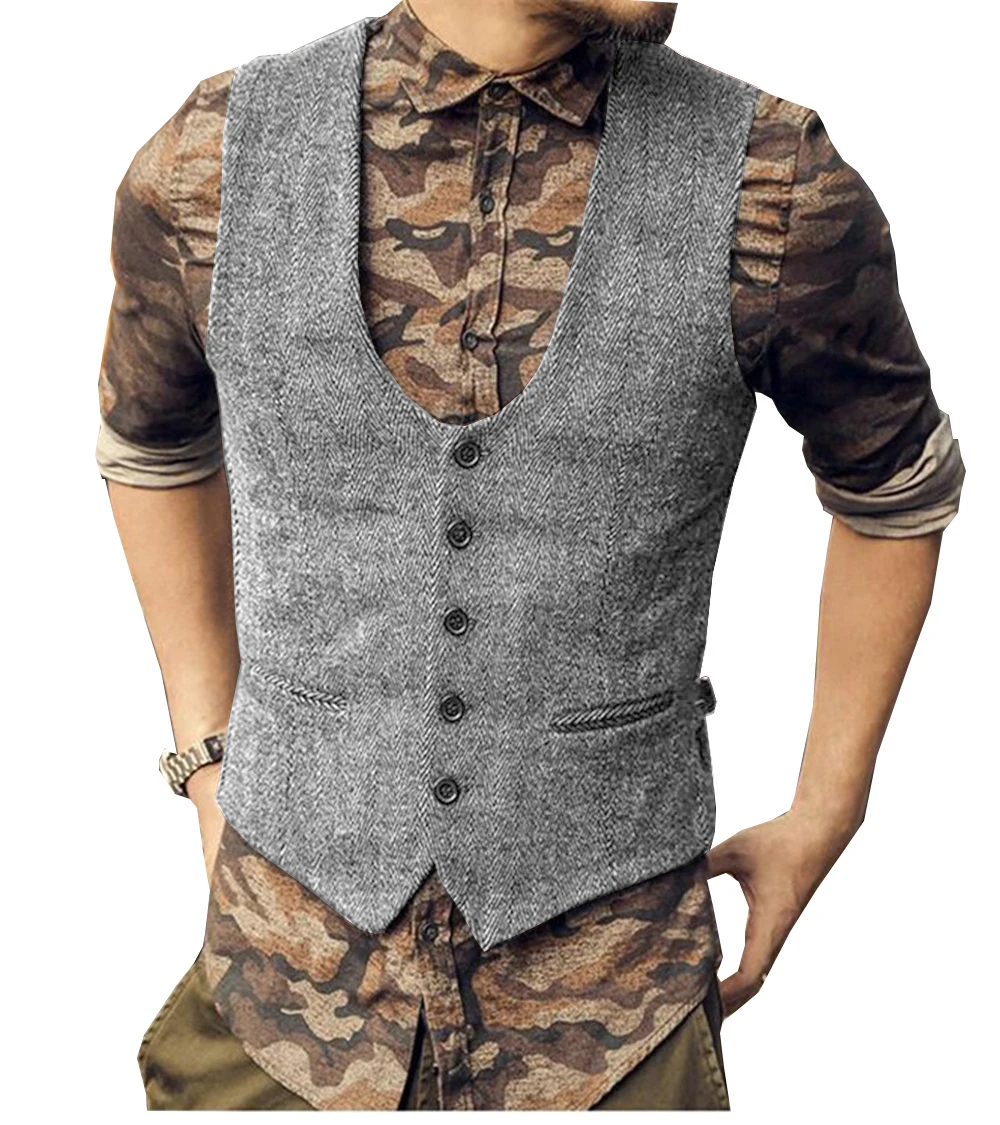 Серый мужской костюм жилет Slim Fit елочка твид U шеи для свадьбы женихов мужчин s