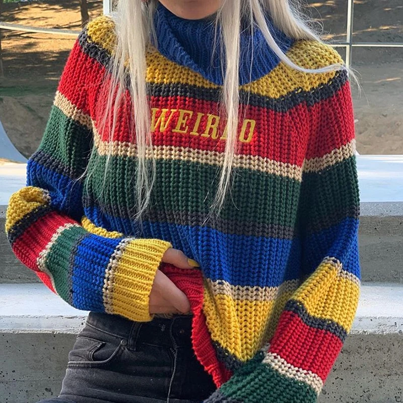 Harjuku Contrast Stripes Roll Turtle Neck Knitted Jumper Turtleneck Sweater with Embroidery WEIRDO Oversized Top For Women / | Женская