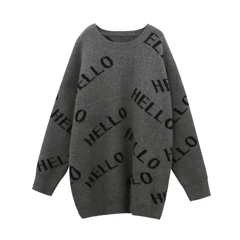 

2020 autumn and winter salary Korean version of the round neck loose large size pullover women's mid-length letter jacquard