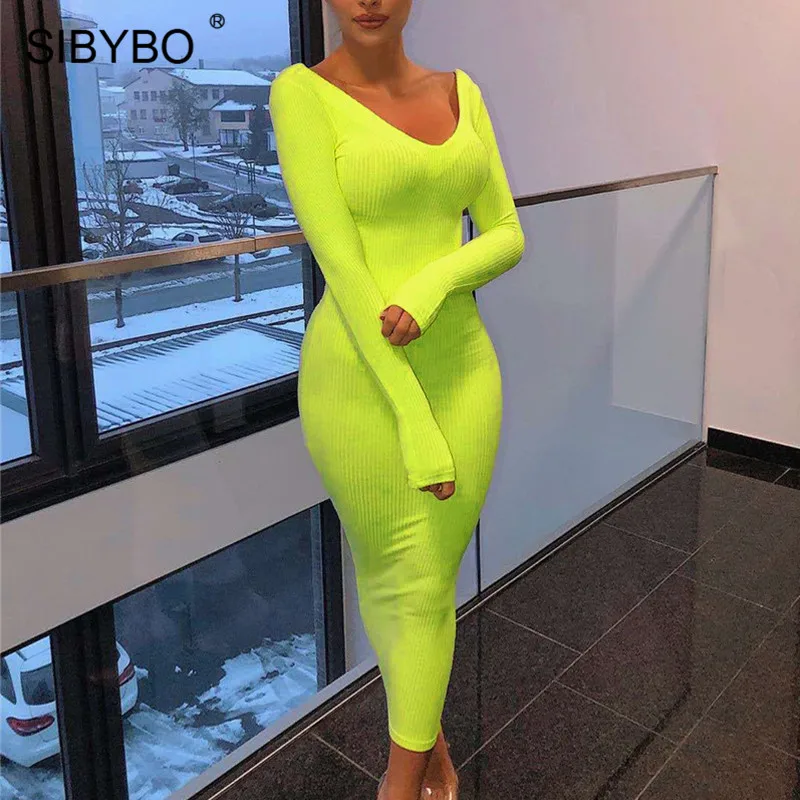 As Shown SIBYBO, зимнее трикотажное хлопковое платье в рубчик, женское сексуальное облегающее платье с открытыми плечами и длинным рукавом, однотонные вечерние платья с открытой спиной - Цвет: As Shown