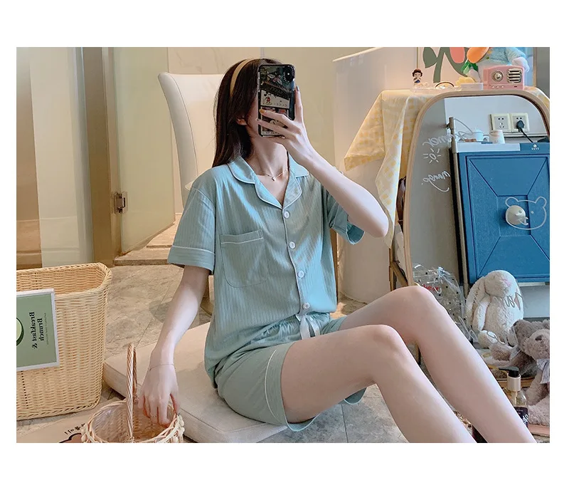 Fdfklak Short Sleeve Pajamas For Women Nightwear Ladies Casual Homewear Female Cotton Sleepwear 2 Pieces Set Summer Pijama