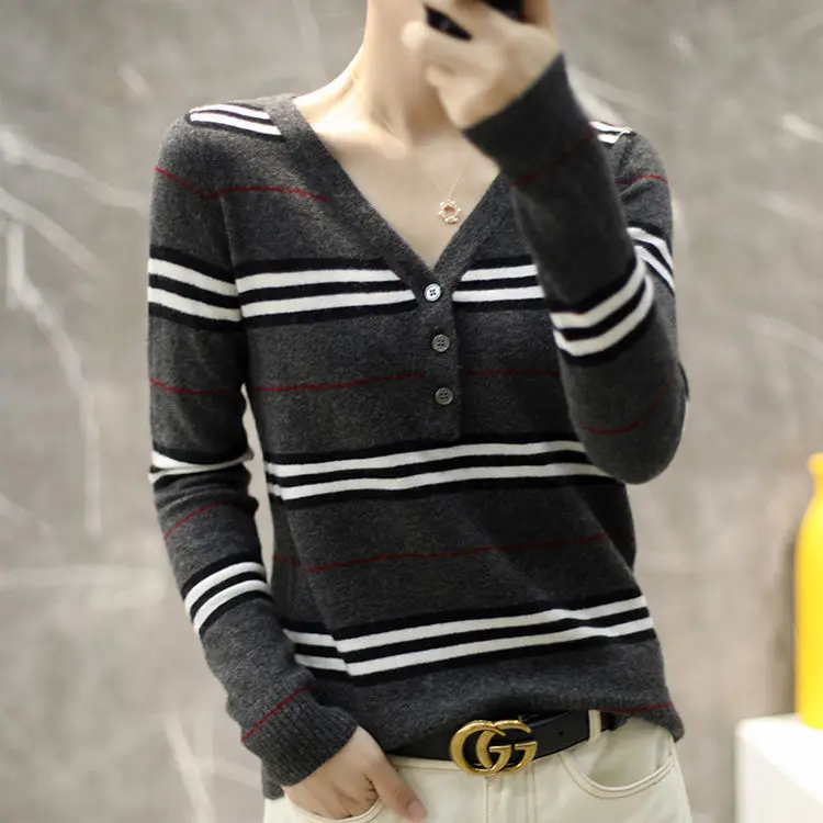 

New Korean slim fit women's half open collar button stripe long sleeve knitted bottom coat in autumn and winter 2020