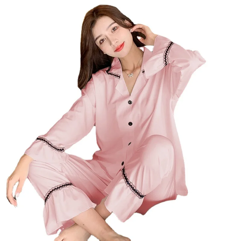 

2021 Fashion New Pajamas For Women Silk Satin Pyjamas Set Printed 2 Pieces Long Sleeve Sleepwear Suit Female Loungewear Homewear
