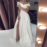 simple wedding dresses side split off the shoulder robe de mariee satin 2021 floor length elegant princess party bridal gowns