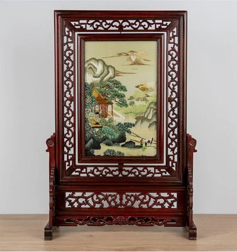 

Antique Chinese Decorations for Living Room Home Office Table Ornaments Fine Hand Silk Embroidery Works Bubinga Wood Frame Gift