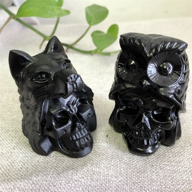 

1 шт. натуральный камень черный обсидиан ручной работы резной череп орел, волк мощная статуя для украшения дома подарок