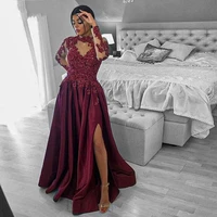 elegant burgundy long sleeves evening dresses 2021 a line satin lace appliques beaded dubai arabic formal prom gown vestidos